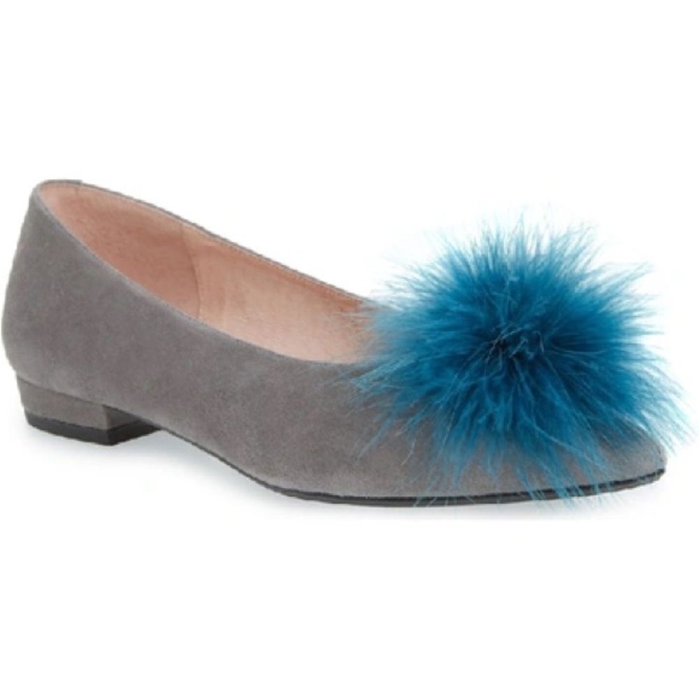 Patricia Green Maribou Feather Pouf Flat 9 Suede Gray Point Toe originally $210